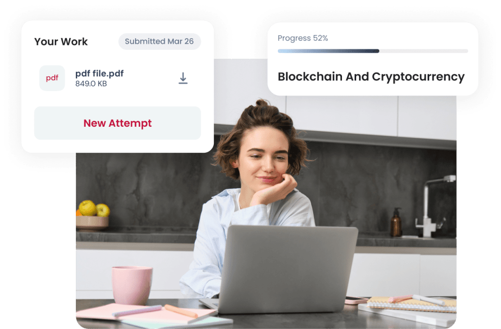 Smiling Student Using a Laptop to Complete a Blockchain and Cryptocurrency Course, Showcasing Ailit's Flexible and Interactive Online Learning Platform.